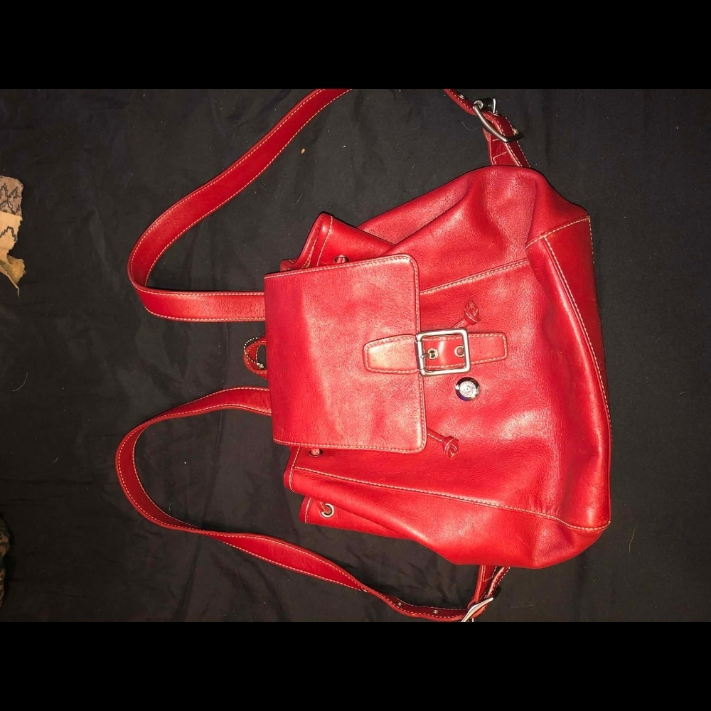 Coach Red Leather Drawstring Backpack with Buckle… - image 3